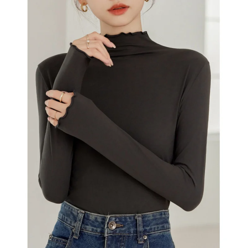 Women's Long-Sleeved T-Shirt Ruffle Half-High Neck Bottoming Shirt Solid Color Blouse Slim Fitting Base Top Inner Wear Versatile