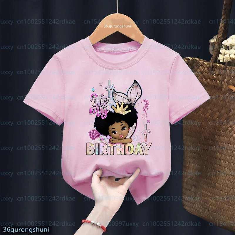 Black Girl Magic Afro Princess, Afro Puff Hair Happy Birthday Girls T-Shirt Unicorn Black Girls Birthday Tshirt Pink tops 1-12y