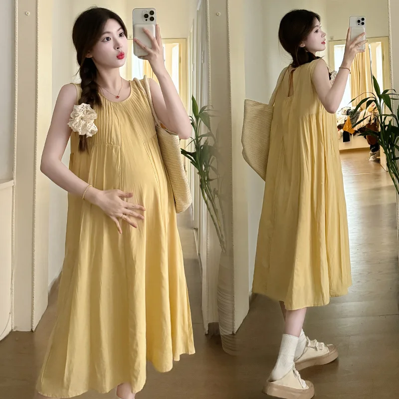 

Summer Pregnant Women's Sleeveless French Style Large Size Dress Yellow Maternity Sundress Long Loose Pregnancy Chiffon Dresses