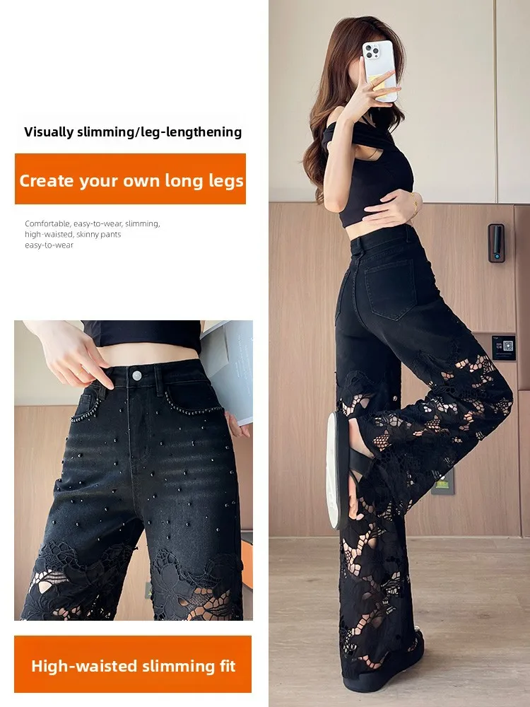 الثقيلة التطريز الدانتيل الربط الجوف حبة واسعة الساق الجينز المرأة الصيف رقيقة عالية الخصر فضفاض مستقيم قطع السراويل #2