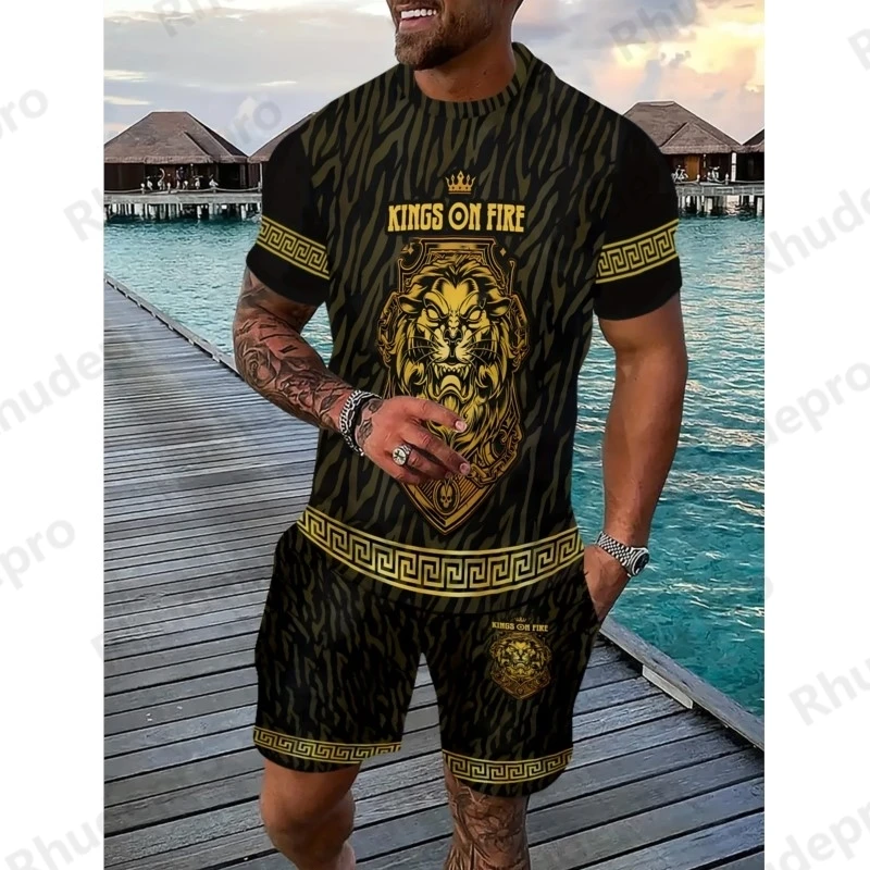 

2 Piece Men's Digital Printed Summer Fashion Set Men's Short Sleeve Crew Neck T-Shirt Suit Drawstring Shorts Vetements Homme