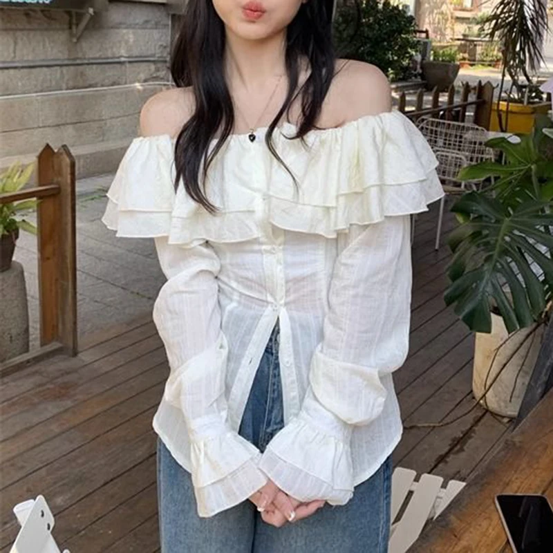 Slash Neck Solid French Ruffles Shirt Woman Summer Sexy Off Shoulder Ladies Blouse Chic Button Flare Long Sleeve Female Tops