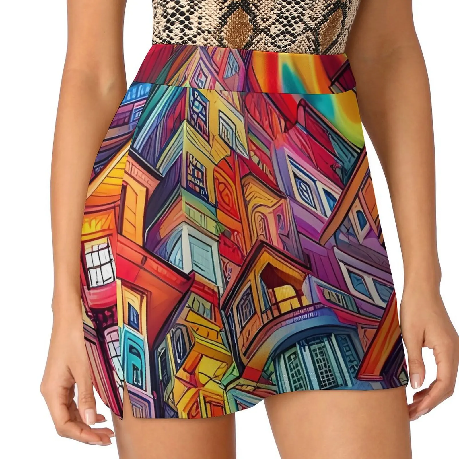 Graffiti City Skirt Summer Colorful Abstract Street Wear Casual A-line Skirts Mini Skirt Female Design Oversized Skort Clothes