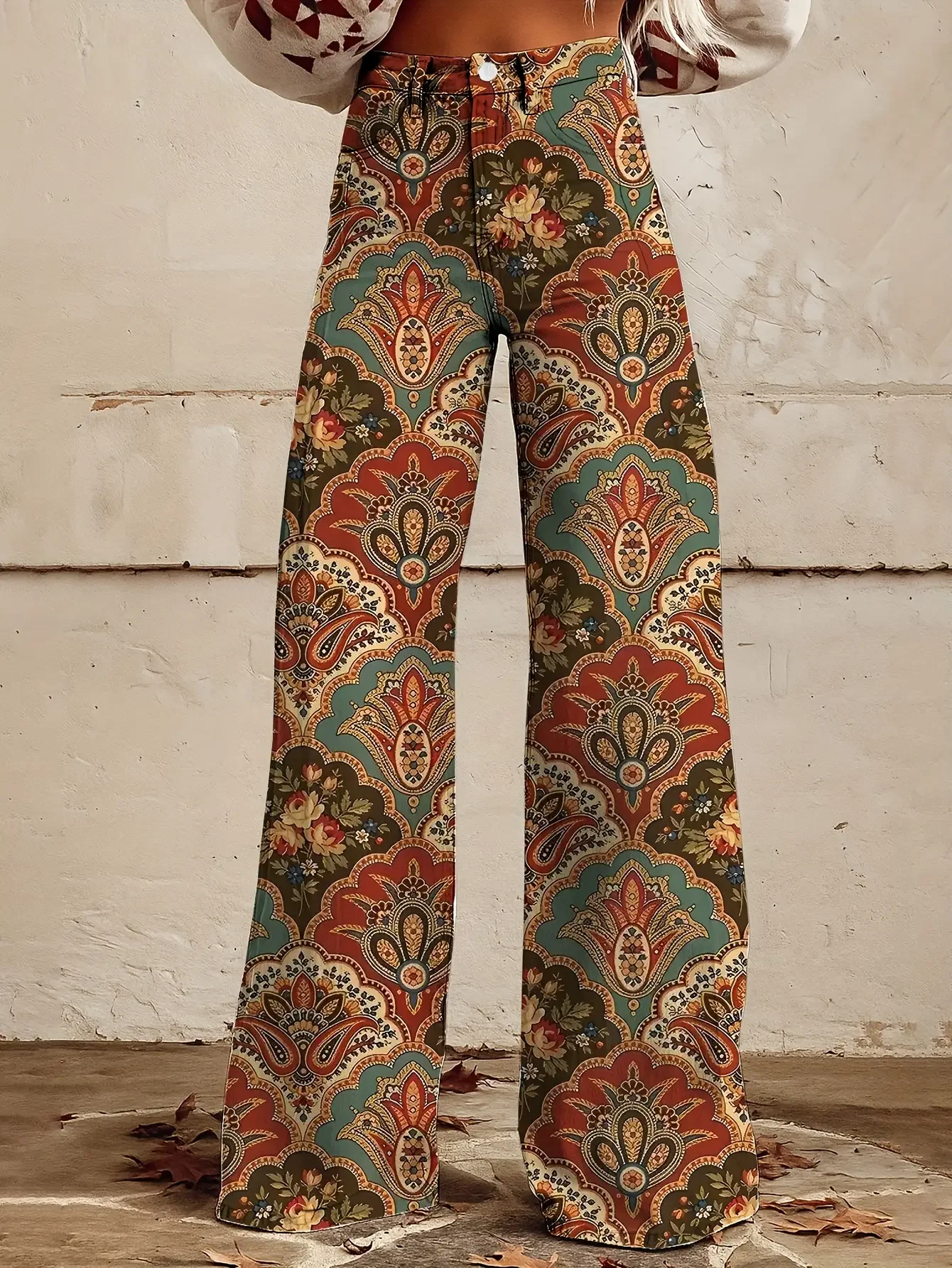 Ladies' high waisted micro elastic digital printed denim wide leg pants, versatile patterns