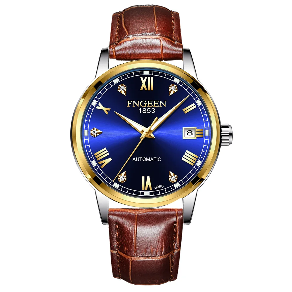 FNGEEN Top Brand Luxury Fashion Green Mechanical Watch for Men Stainless Steel Waterproof Sport Automatic Calendar Mens Watches