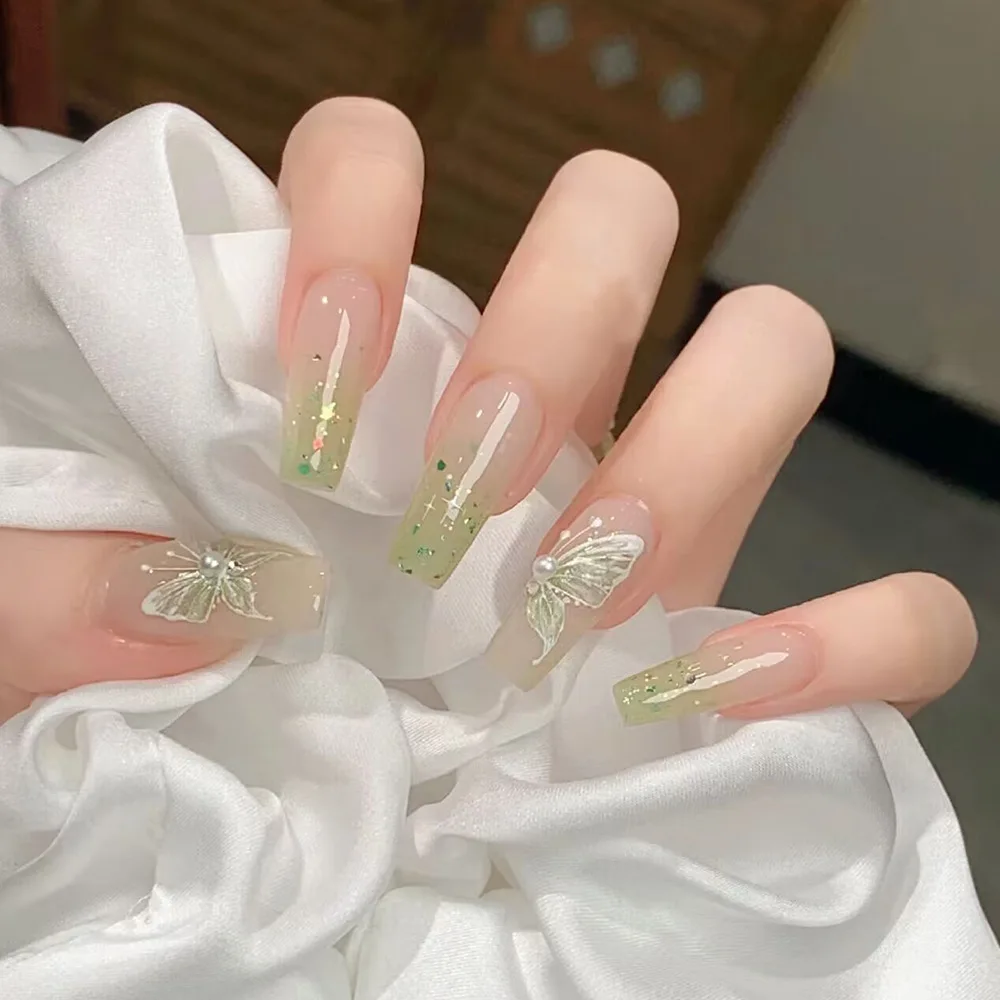 

24Pcs Mid-length Ballet Full Cover Nails Tips Green Smudge Fake Nail with Butterfly Pearl Detachable Design Press on False Nails