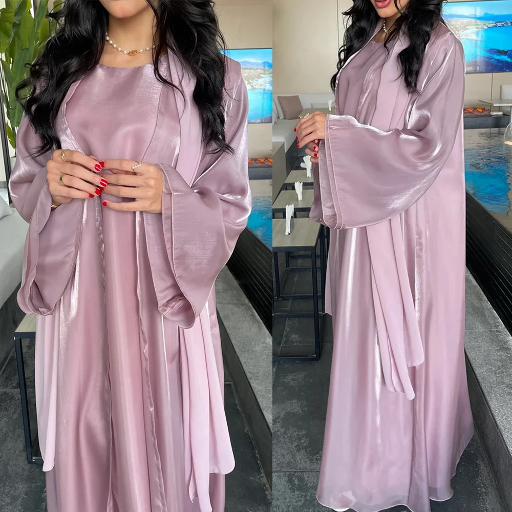 Eid Dubai Lusso Raso Lucido Aperto Kimono Abaya 2 Pezzi Set Musulmano Modesto Caftano Abiti Islam Abbigliamento per Le Donne Robe Femme Abito