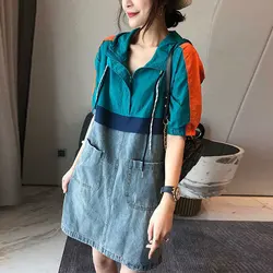 Vestido denim midi feminino com bolsos retalhos, zíper casual com capuz, cordão elegante, vestidos retos soltos básicos, roupas de verão