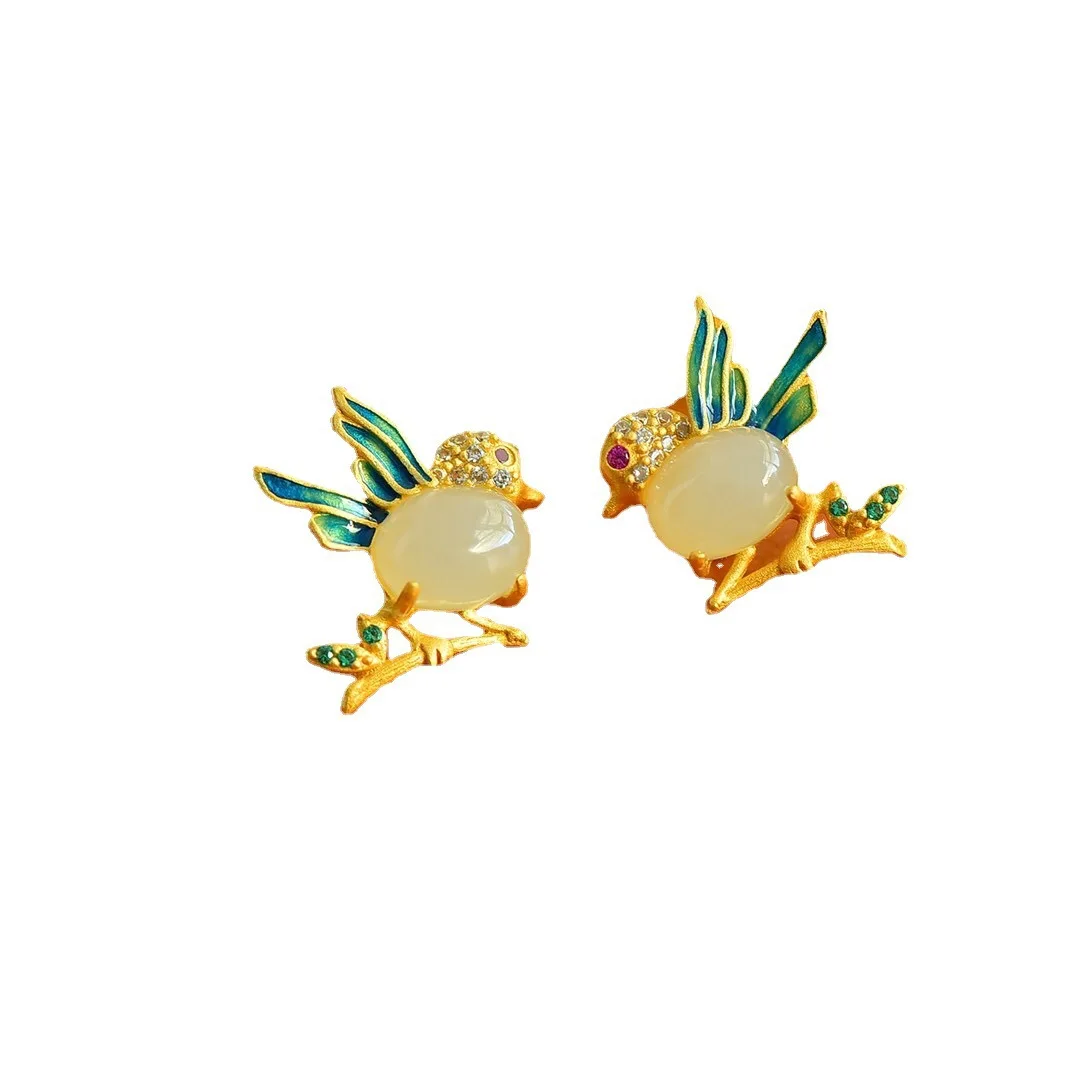 925 Sterling Silver Jewelry 18K Gold Plated Vintage Natural Jade Enamel Magpie Birds Stud Earrings for Women Wedding Party Gift