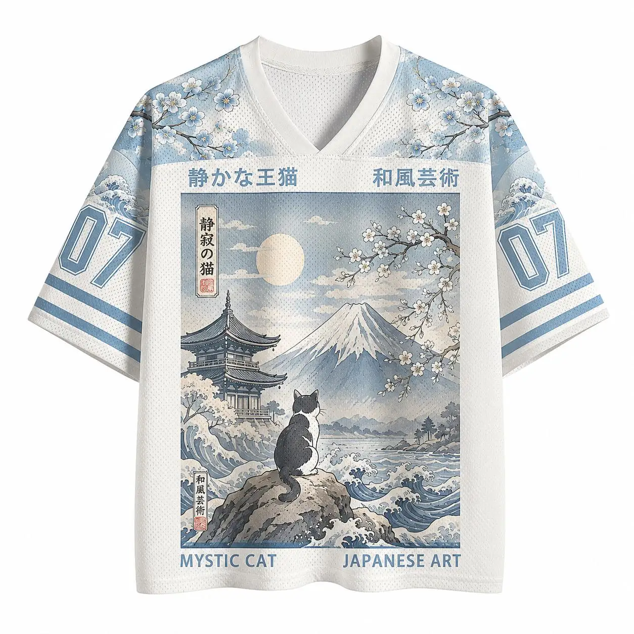 Summer Fashion Japanese Cat Cherry Blossom Tree View of Mount Fuji 3D Printing Outdoor Leisure Sports Fitness V-neck T-shirt