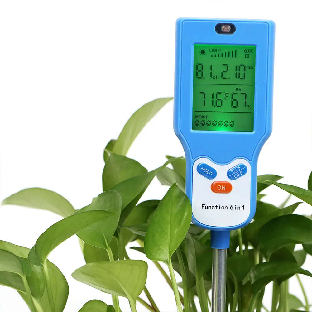 Analizador de Suelo Digital 6 en 1 para Jardín, Medidor de Fertilidad/Temperatura/Humedad/Luz Solar/PH para Jardinería, Agricultura y Plantas de Exterior