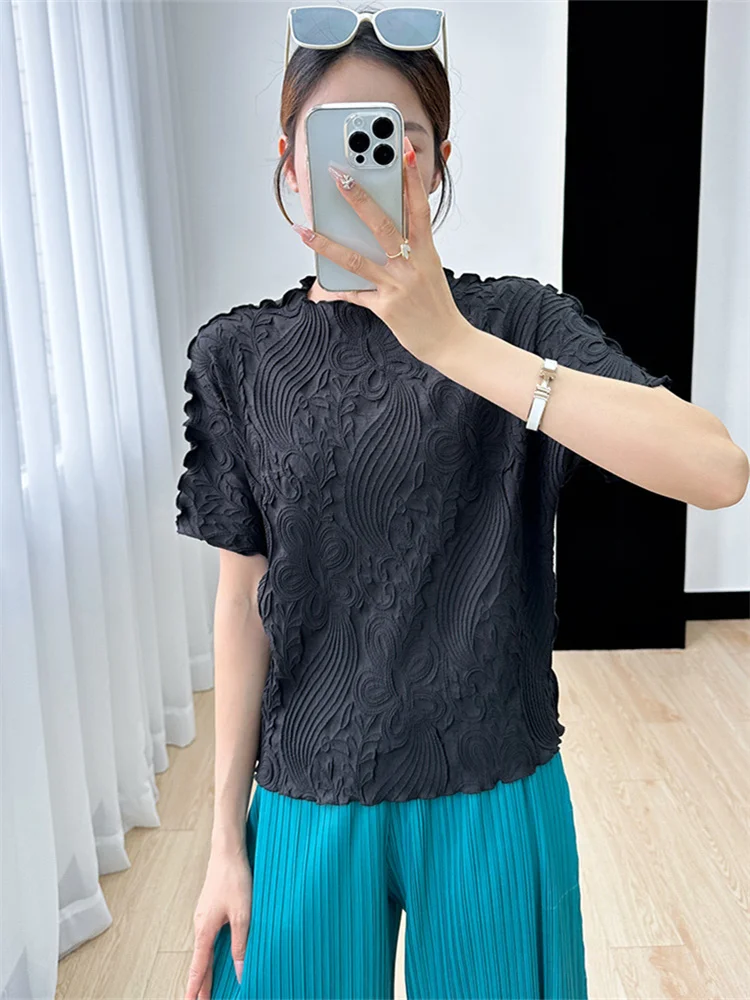 Miyake Pleated Top Women's 2023 Summer New High-end Embroidered Casual Temperament Simple Loose Slimming T-shirt