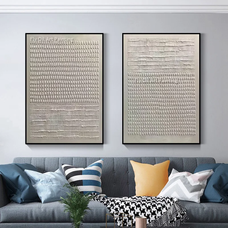 Handmade Set Of Two Abstract Beige Texture Thick Canvas Wall Art For Living Room Decor White Knife Thick Oil Painting As Gifts
