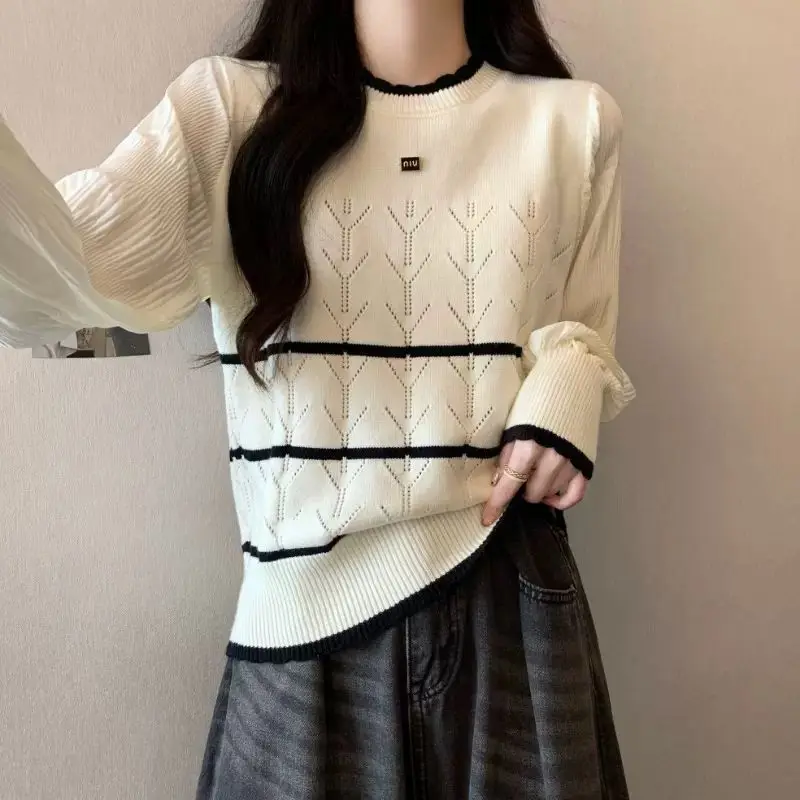 Women\'s 2024 Spring New Spliced Knitted Contrast Color Round Neck Fashion Solid Color Loose Casual Long Sleeve Versatile Top