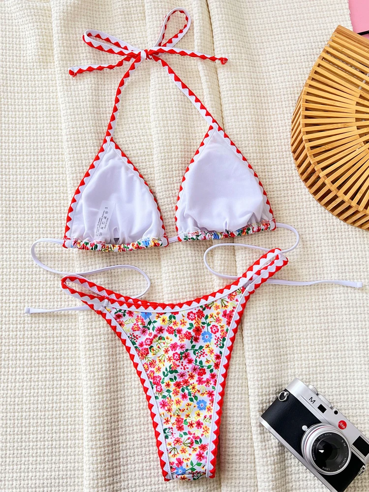 VigoCasey Sexy 2024 Print Tied Halter Swimwear Women Bikini Hollow High Cut Thong Swimsuit Backless Summer Beach Bathing Suit