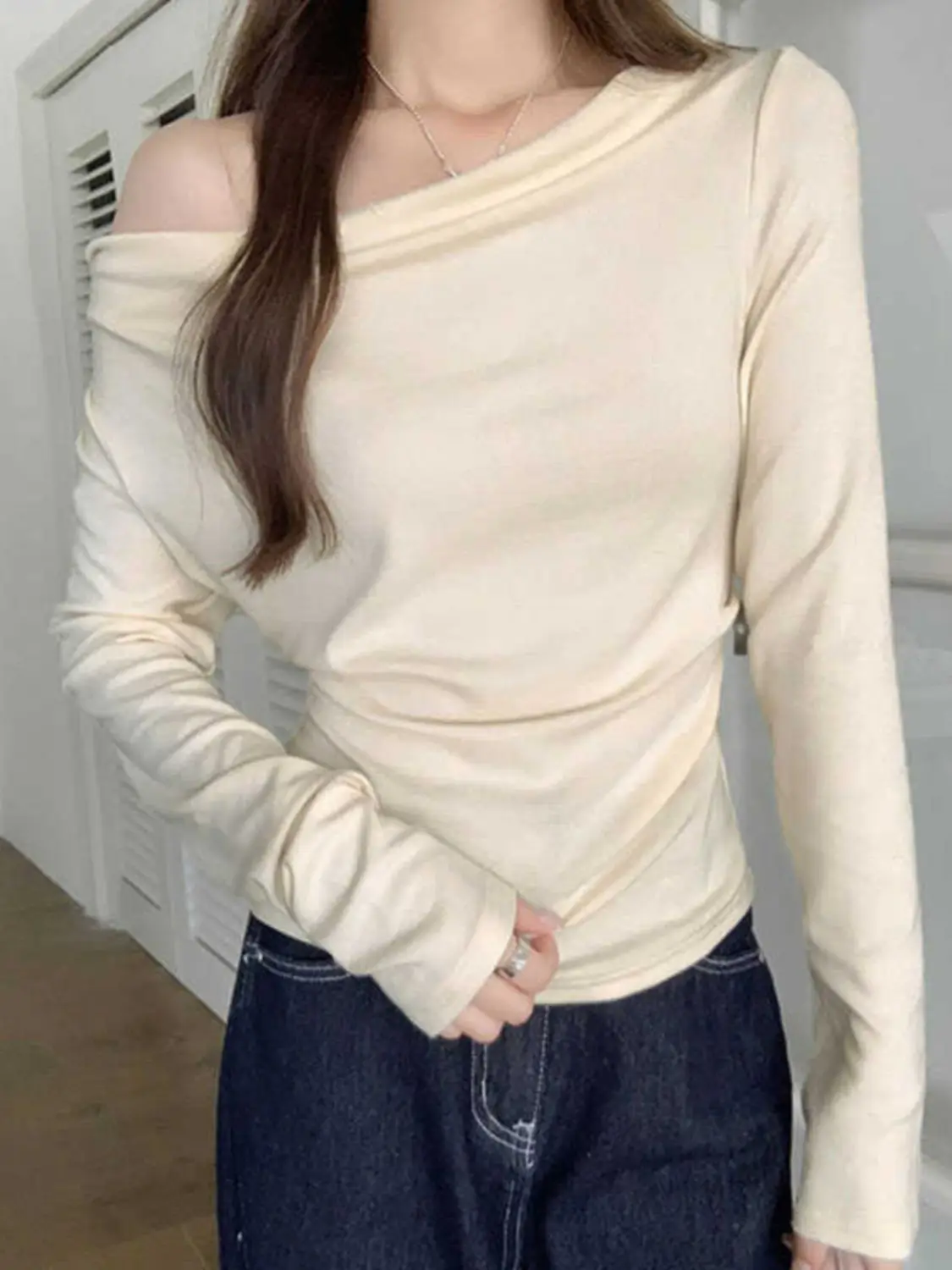 قبالة الكتف تي شيرت Y2K المرأة ساحة طوق تصميم الاسلوب المناسب فريد من نوعه العصرية بارد الحديثة عارضة السيدات الشابات أنيقة #6