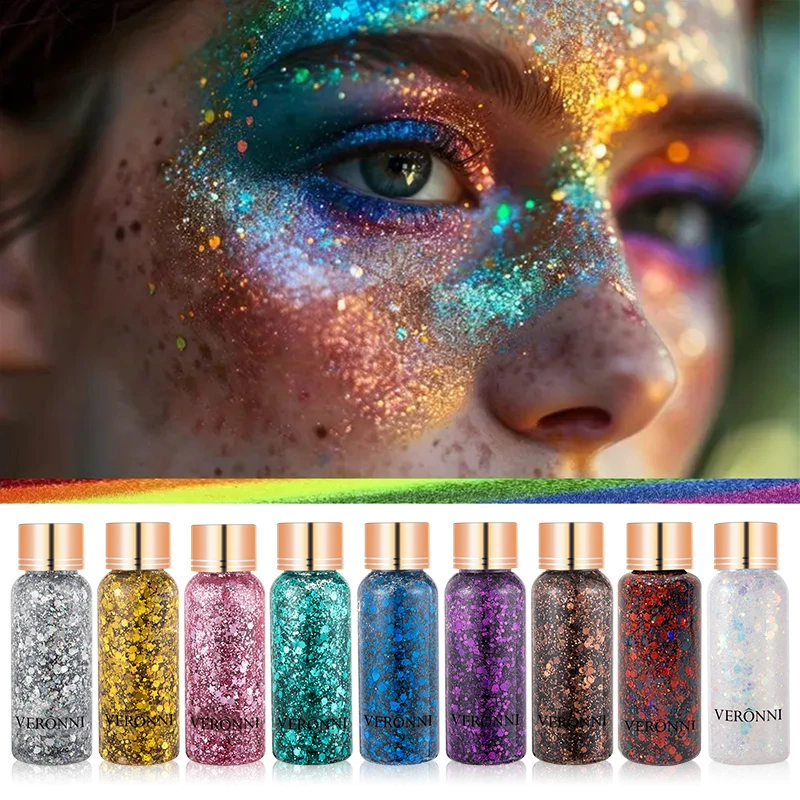 2個入り フェイス＆ボディグリッターメイクアップセット アプリケーターブラシ付き、フェスティバルパーティー用キラキラスパンコール アイシャドウ ネイルアートデコレーション
