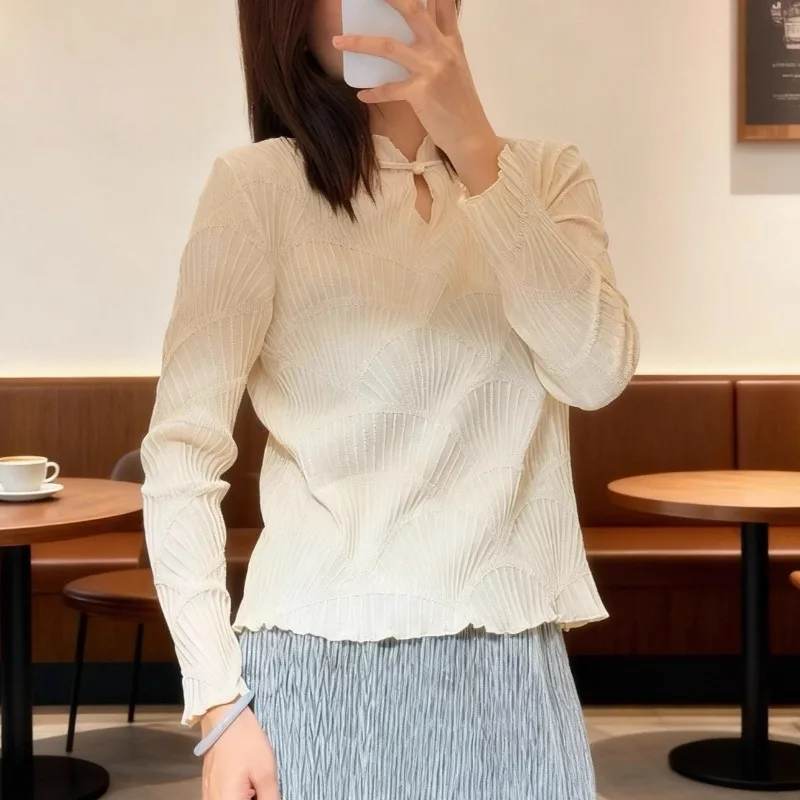 

Miyake плиссированный топ с воротником-стойкой, осень/зима 2022, большой базовый слой, стильный универсальный топ, женская футболка с длинными рукавами, нижнее слое