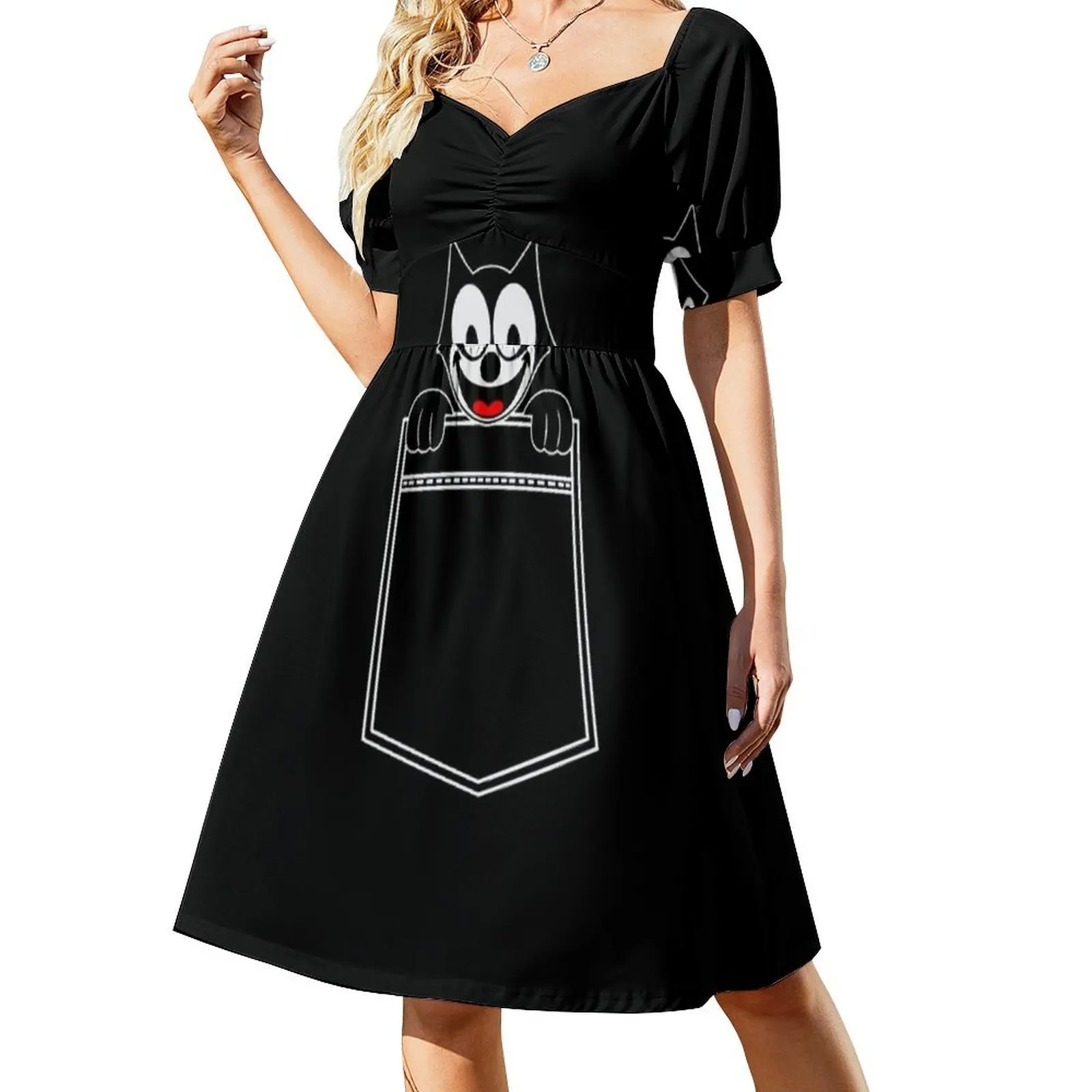 فستان Pocket Felix على الطراز الكوري للنساء، فستان كاجوال أنيق للحفلات أو الارتداء اليومي، رسوم متحركة على شكل قطة سوداء، قميص قطط #2