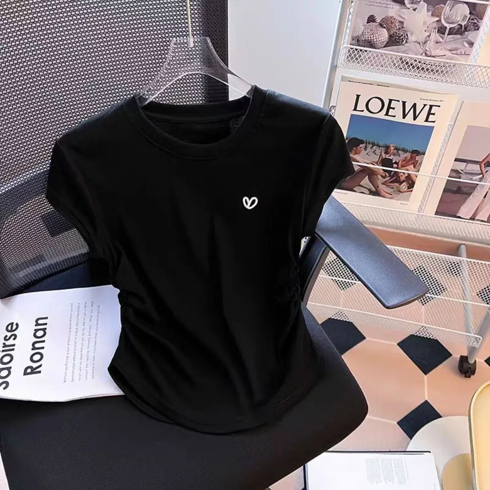 

Solid Color Summer Short Sleeves New Embroidery Slim Fit Women's Wear Round Collar Basic Style Top