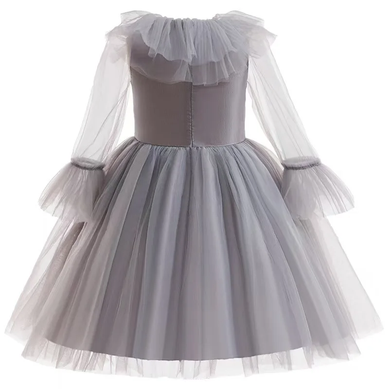 2026 New Halloween Carnival Grey Clown Satin Patchwork Fluffy Tulle Dress For Girls Cosplay Clown Costume with Accessory Set