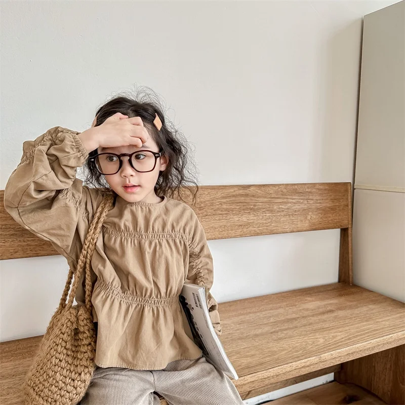 Girl 2026 Autumn New Korean Style Children Casual Shirts Bat Sleeve Baby Girls Solid Color Loose Blouses 1-7 Years Old