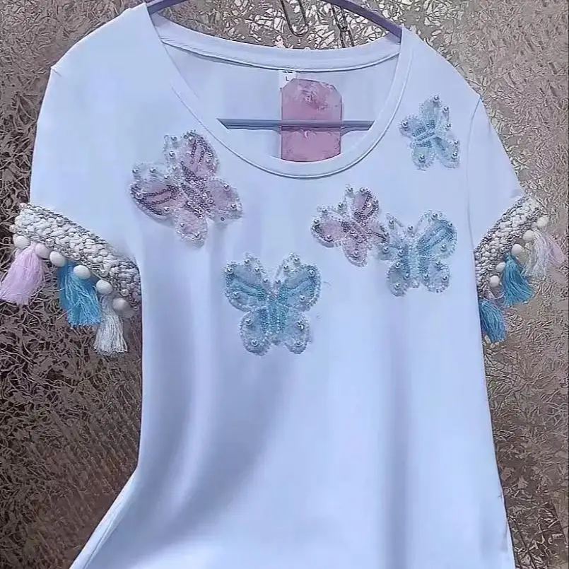 

Luxury Style Sparkle Sequins Butterfly Embroidery T-shirt Tees Casual Cotton T-shirts Short Sleeve Tassel Top Women Clothes