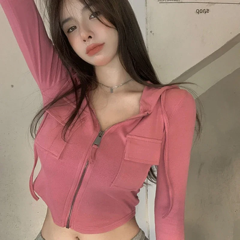 سويت شيرت نسائي بقلنسوة Y2k بسحاب ورباط بقصة ضيقة وأكمام طويلة وغطاء للرأس وردي