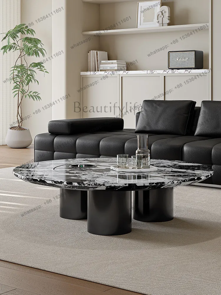LD Italian Minimalist Marble Coffee Table Round With Turntable Rotatable Storage Tea Table