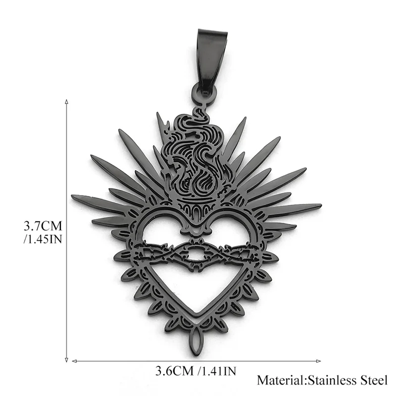3Pcs Hollow Flaming Sacred Heart Charms Thorns Sacred Heart pendants For Women Men Stainless Steel Black Faith charms Jewelry