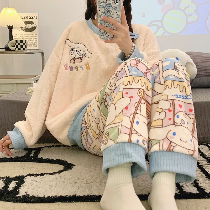 2Pcs Kawaii Cinnamoroll Roll Girls Plus Velvet Warm Pajamas Anime Cartoon Student Long-Sleeved Flannel Home Wear Kuromi Pajamas