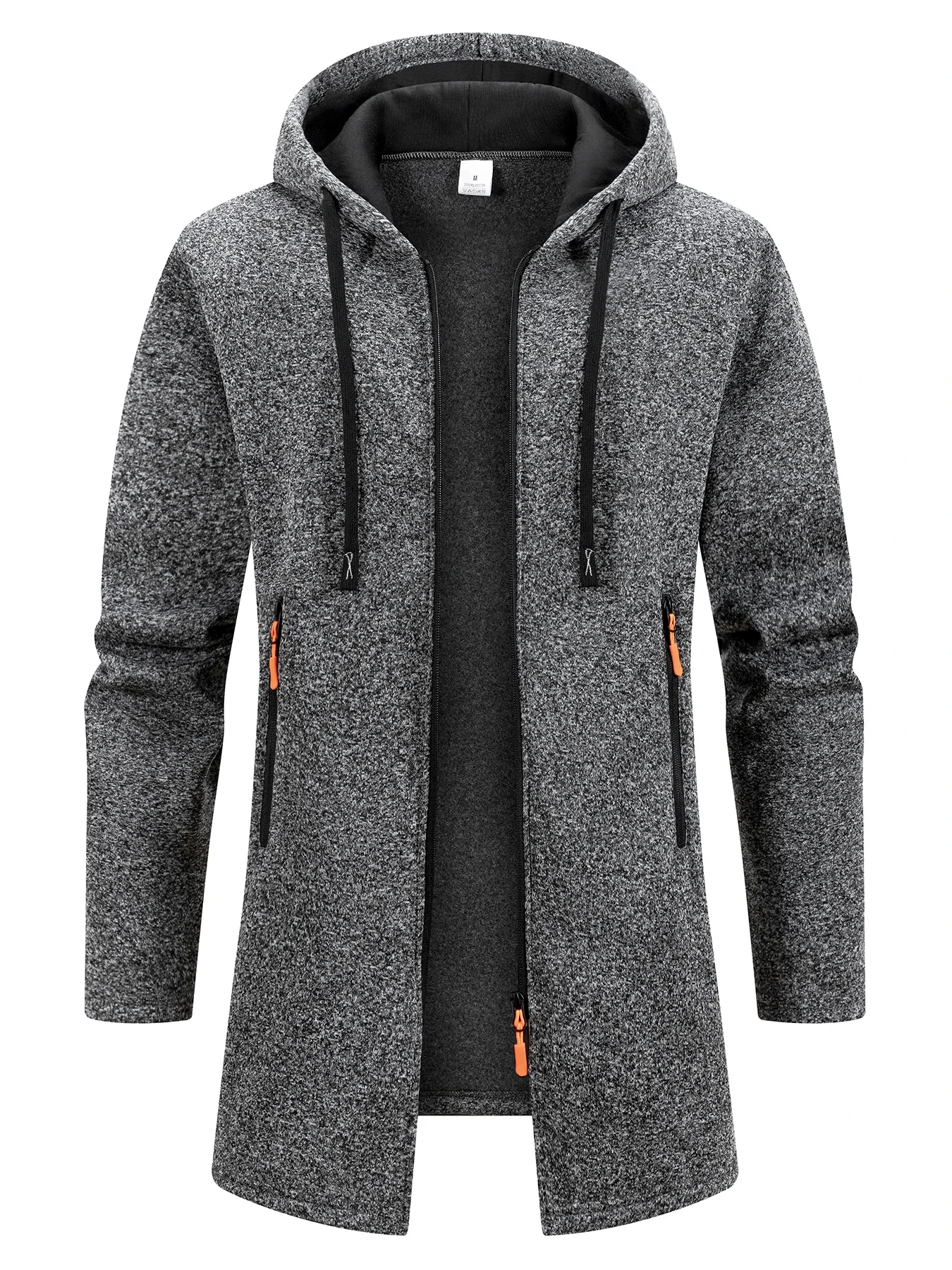 Herren-Sweatshirt mit Kapuze und durchgehendem Reißverschluss, mittellang, aus meliertem Strick, Kapuzenjacke, gefüttert mit Fleece, mit Kordelzug und Reißverschluss-Taschen. – Detail 6
