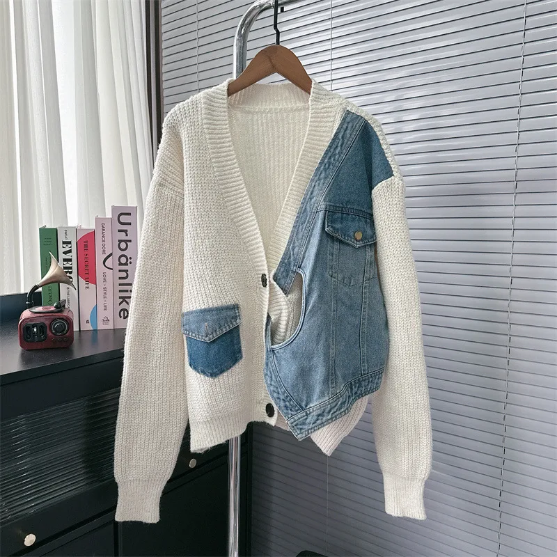

Women V-Neck Sweater Knitted Splicing Denim Design Single Breasted Coat Autumn Winter New Loose Lazy Style Cowboy Cardigan