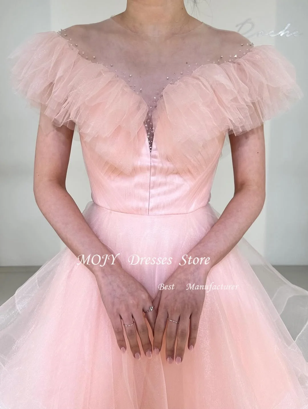 

Mojy Baby Pink Wedding Dresses Korean Off the Shoulder Pleated Princess A Line Draped Bridal Gown Customized 웨딩드레스