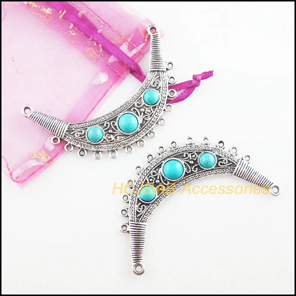 2Pc Retro Tibetan Silver Stone Moon Charms Pendants Connectors 40x67.5mm