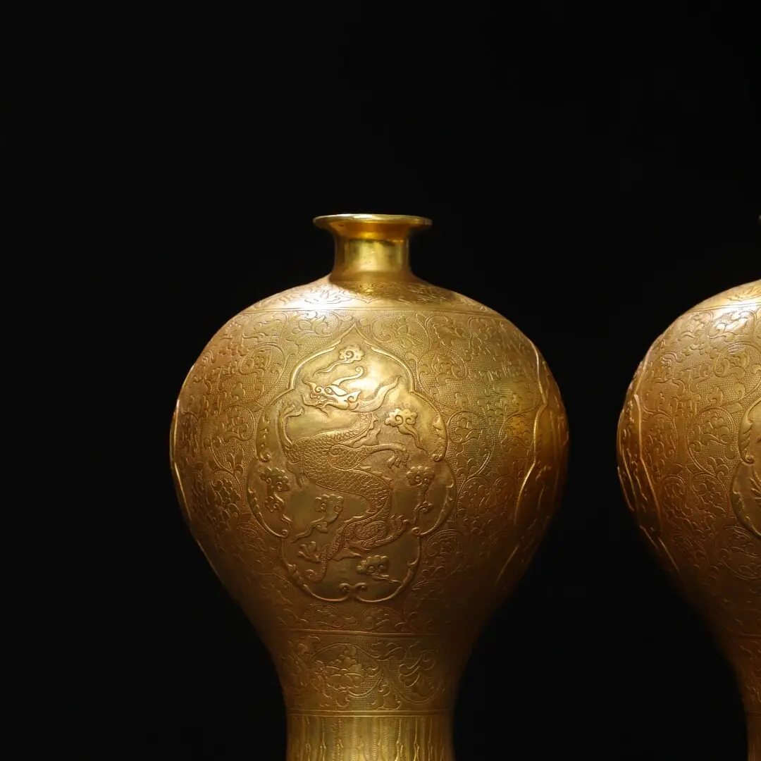 Pure Brass Gilt Dragon Phoenix Vase Pair Antique Four Divine Beasts Home Decor Tabletop Ornament