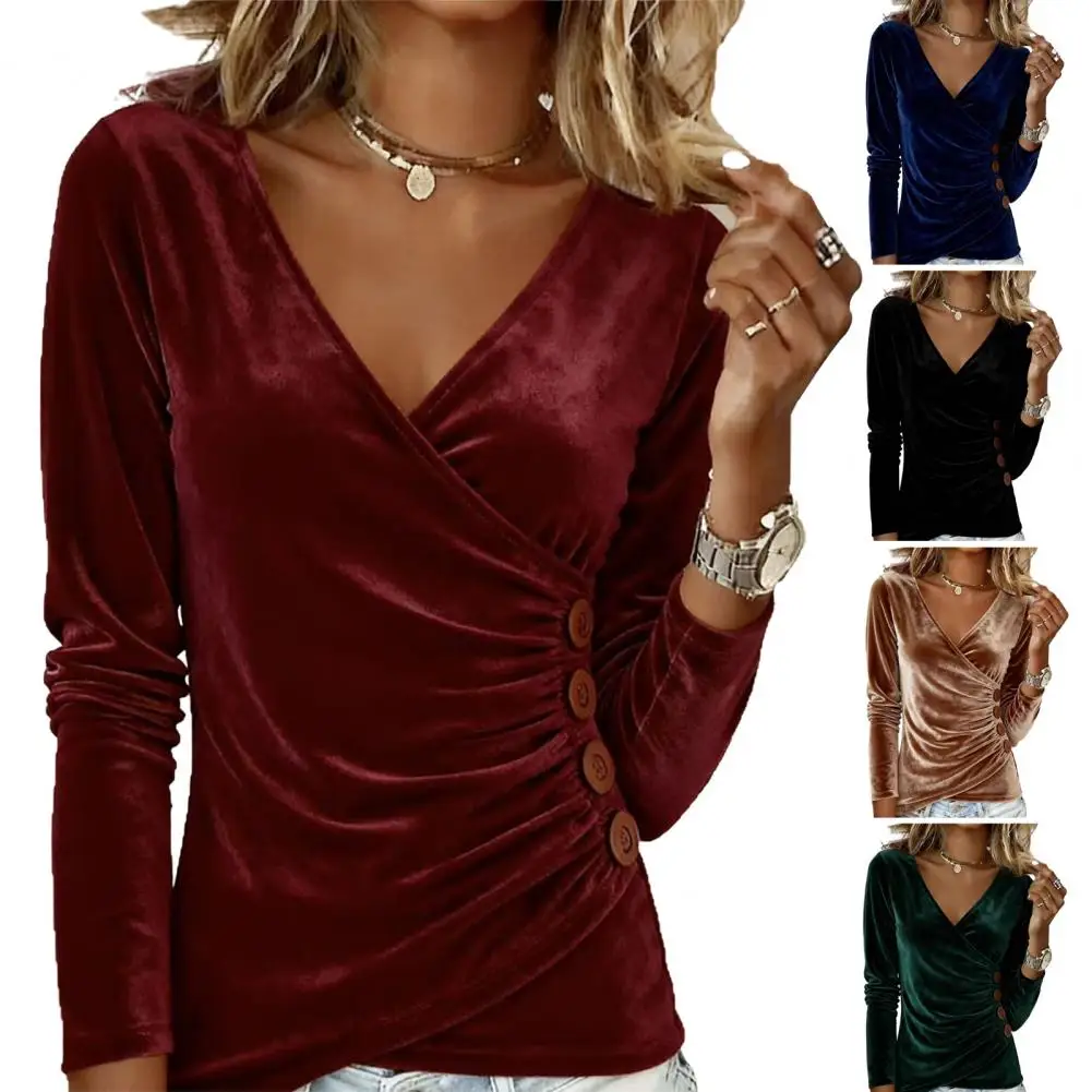 

2025 Autumn New Women's Long Sleeved Velvet Button Up Shirt V-neck Cross Top Female Versatile Shirt Pullover Tops Casual Blouse