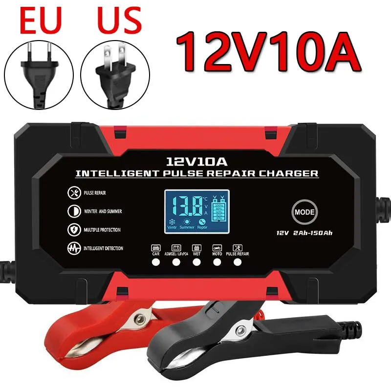 

12V 10A Smart Battery Charging lron Lithium Charger Car Battery Charger Digital LCD Display EU/US/KR/AU/JP/UK Plug Pulse Repair