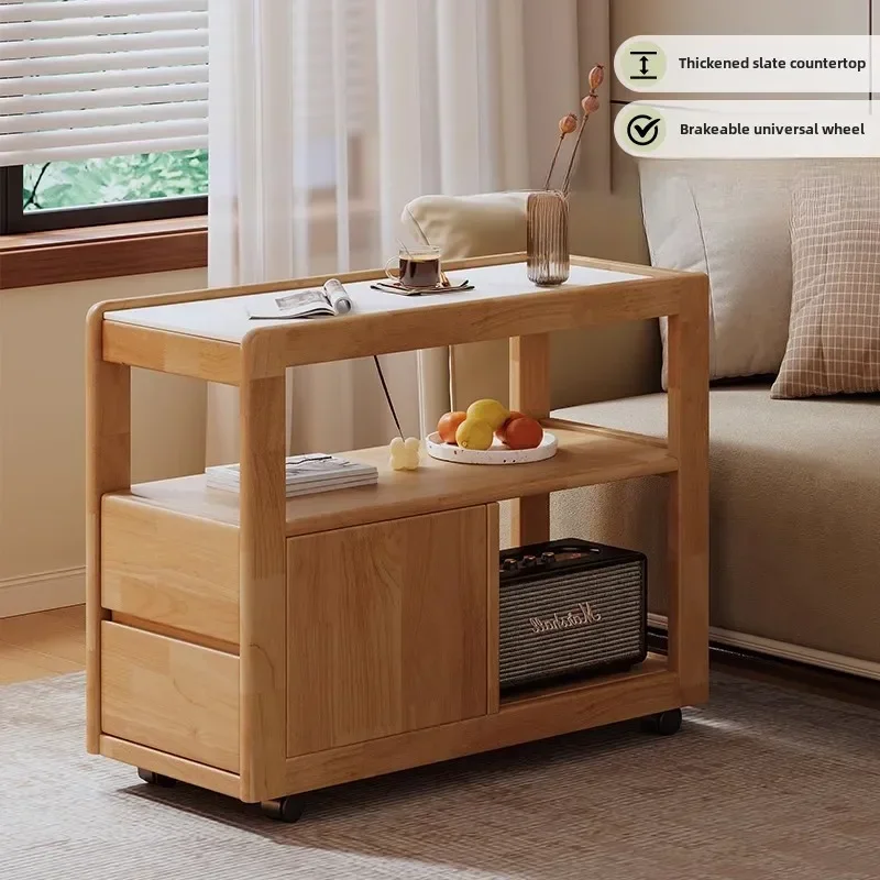 

Compact Living Room Solid Wood Side Table with Rolling Design and Removable Stone Board