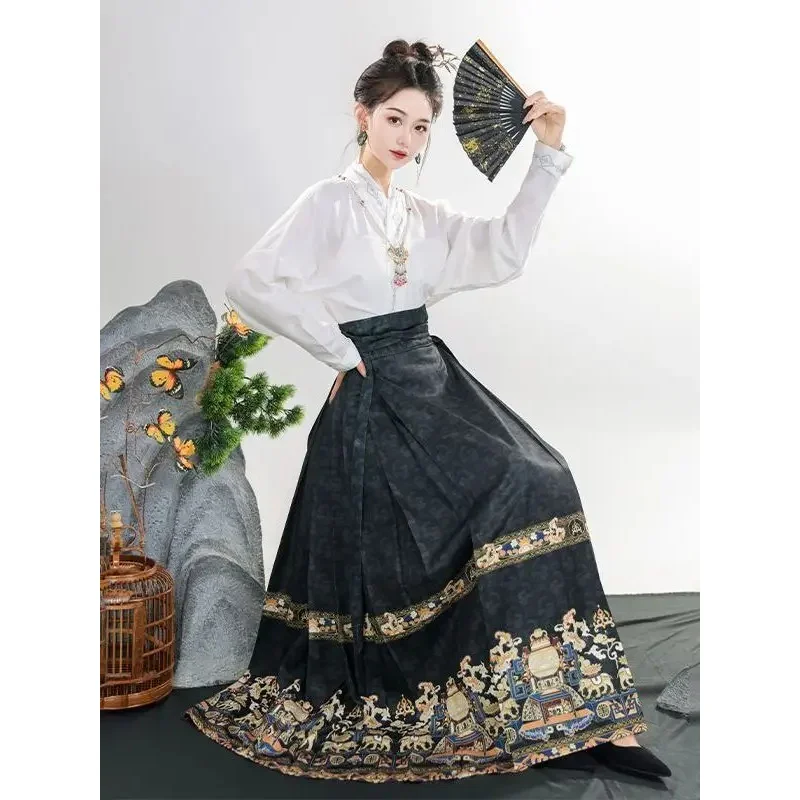 Conjunto completo de nueva falda con cara de caballo de estilo chino, conjunto de camisa informal de color sólido Hanfu mejorado, ropa de mujer 2023