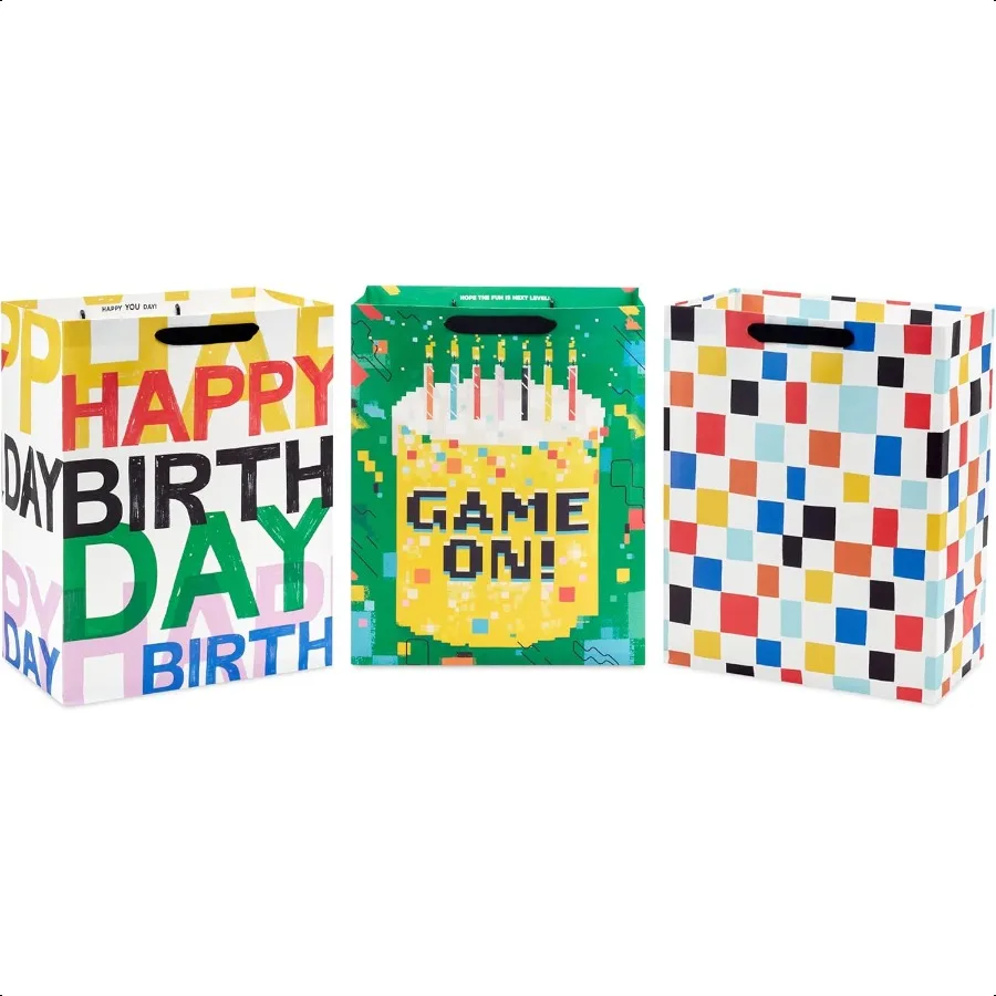 

13" Large Birthday Gift Bag Bundle 3 Bags: Happy Birthday 8Bit Game On! for Gamers Teens Dads