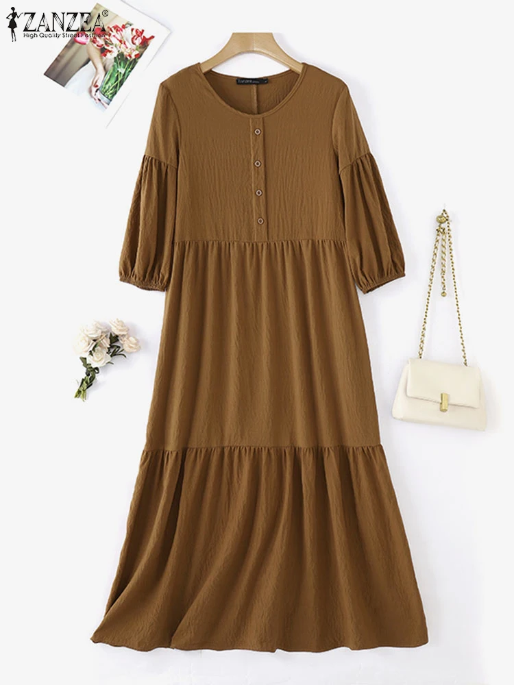 

ZANZEA Vintage Women Dress Spring O Neck 3/4 Sleeve Solid Long Dress Casual Loose Sundress Fashion Ruffles Party Holiday Vestido