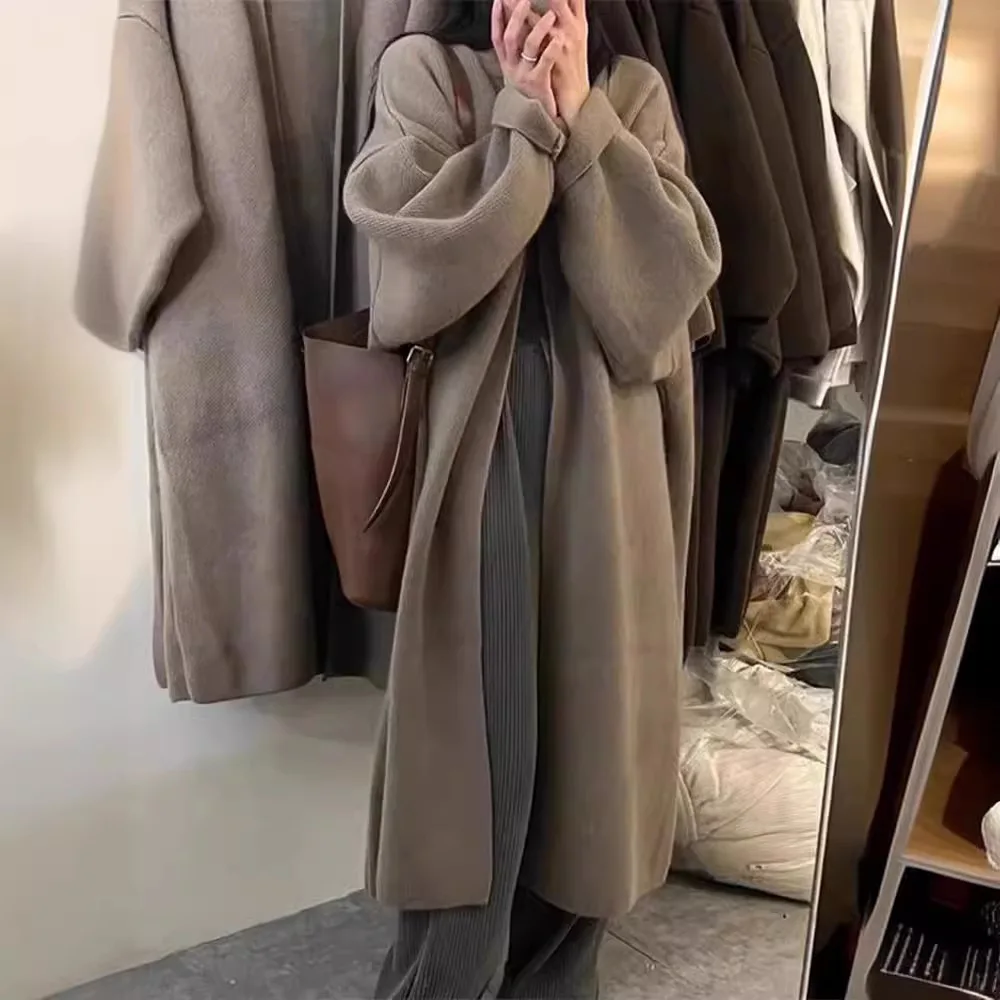 

Elegant Casual Polyester V-Neck Long Sleeve Fashion Loose Knee-Length Solid Color Knitted Sweater Coat Korean Style