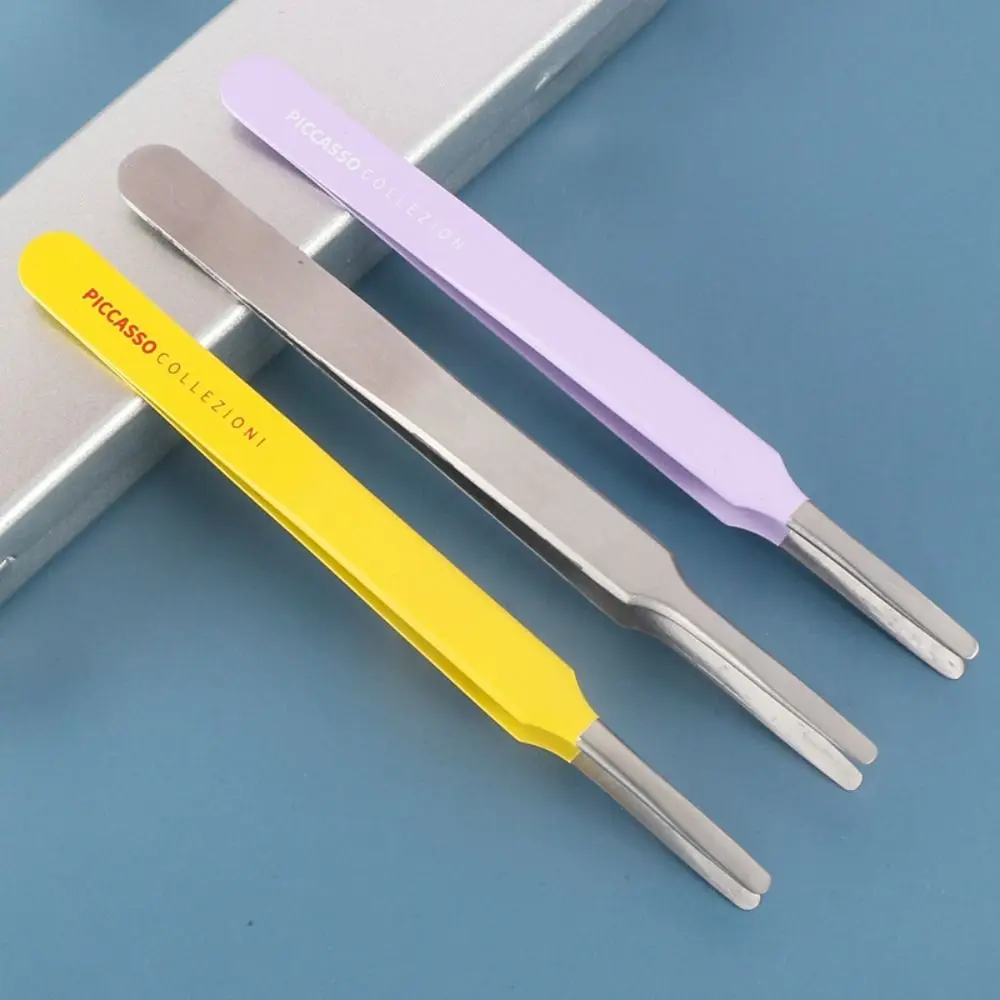 Multifunctional Round Tip Eyebrow Tweezers Straight Stainless Steel False Eyelashes Applicator Flat Hard Toe