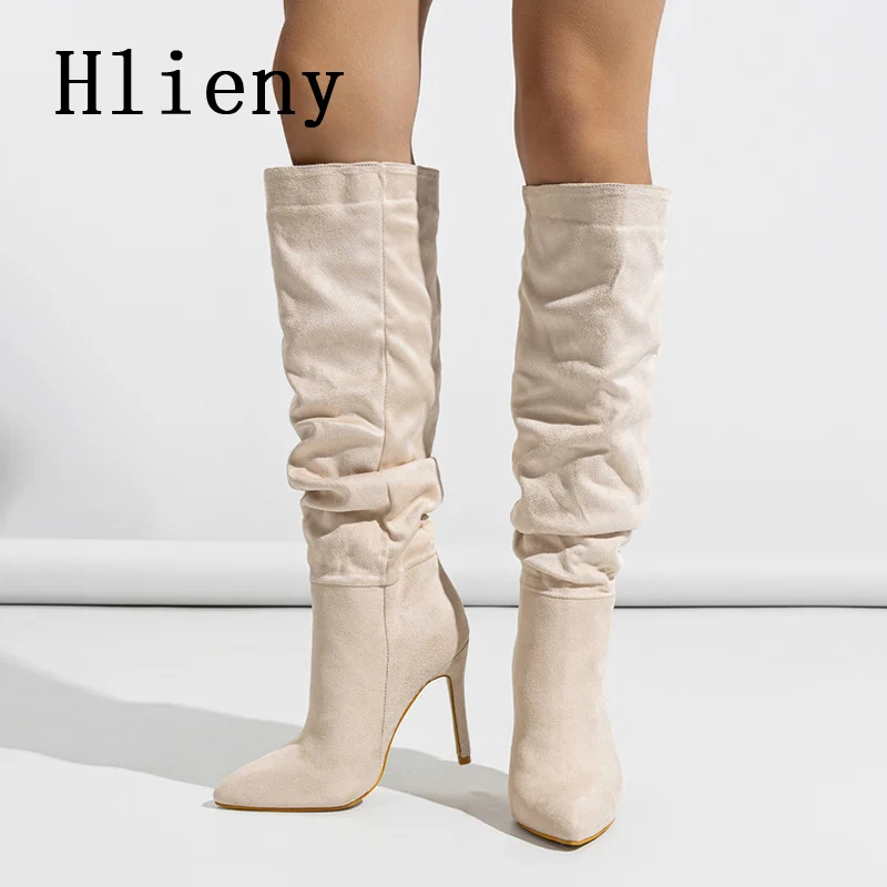 Hlieny Winter Fashion Black Women Knee High Boots Sexy Pointed Toe Thin High Heels Ladies Long Slip On Female Shoes Size 35-42