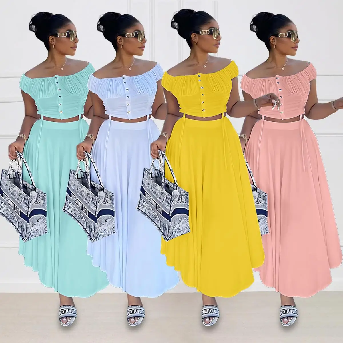

Fashionable Two-Piece Set One Shoulder Short Top A-Line Draped Long Skirt Elegant Style Pure Color Winter Collection