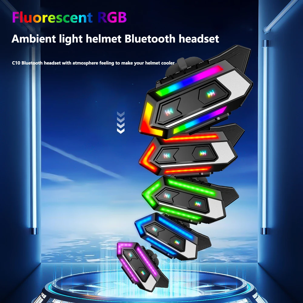 C10 Motorcycle Helmet Bluetooth Headset BT5.4 Handsfree Call Wireless Noise Reduction 2‑Person Intercom Headphone with RGB Light