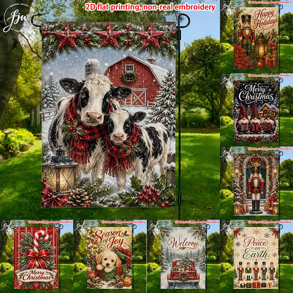 1pc Christmas Farmhouse Garden Flags  Vintage Cow Nutcracker Gnome Holiday Yard Flags for Outdoor Winter Decor