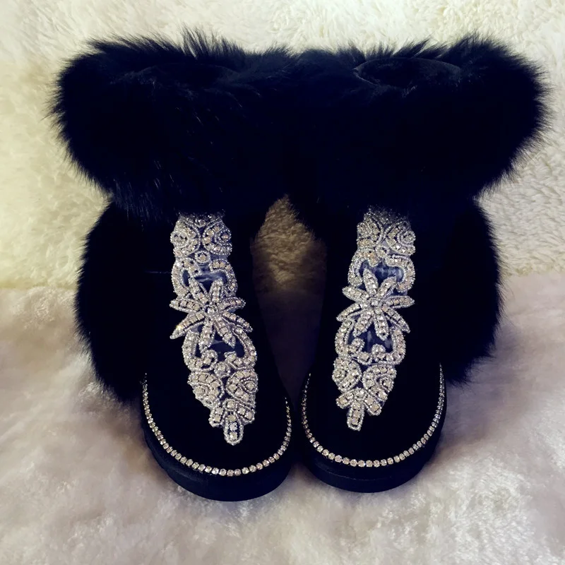

Oversized fox hair Diamond Accessories Fur One Party Snow boots Handmade large size mid-tube women's cotton shoes 35-44