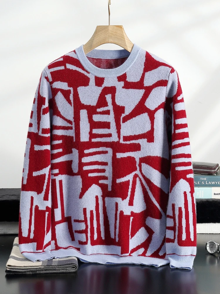 

Осень-зима, новый мужской свитер из 100% кашемира, модный вязаный жаккардовый пуловер, топы с цветными блоками, утолщенная мужская одежда с круглым вырезом